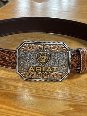 Ariat Brown Tooled Leather Belt with Ornate Gold & Silver Buckle